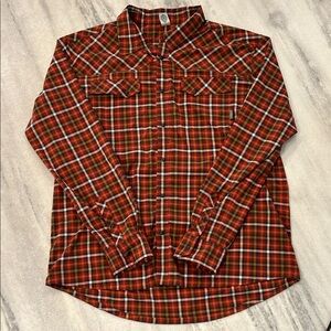 Stio Men’s Long Sleeve Eddy Shirt Pearl Snap size XXL in Burnt Red Plaid